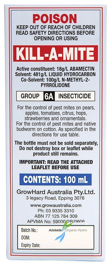 Kill-A-Mite 100g Broad mites - Two spotted mites - Russet mites - Cyclamen mites - Whiteflies - Aphids - Thrips - Gnats - Leafminer - Meaty bug Instructions